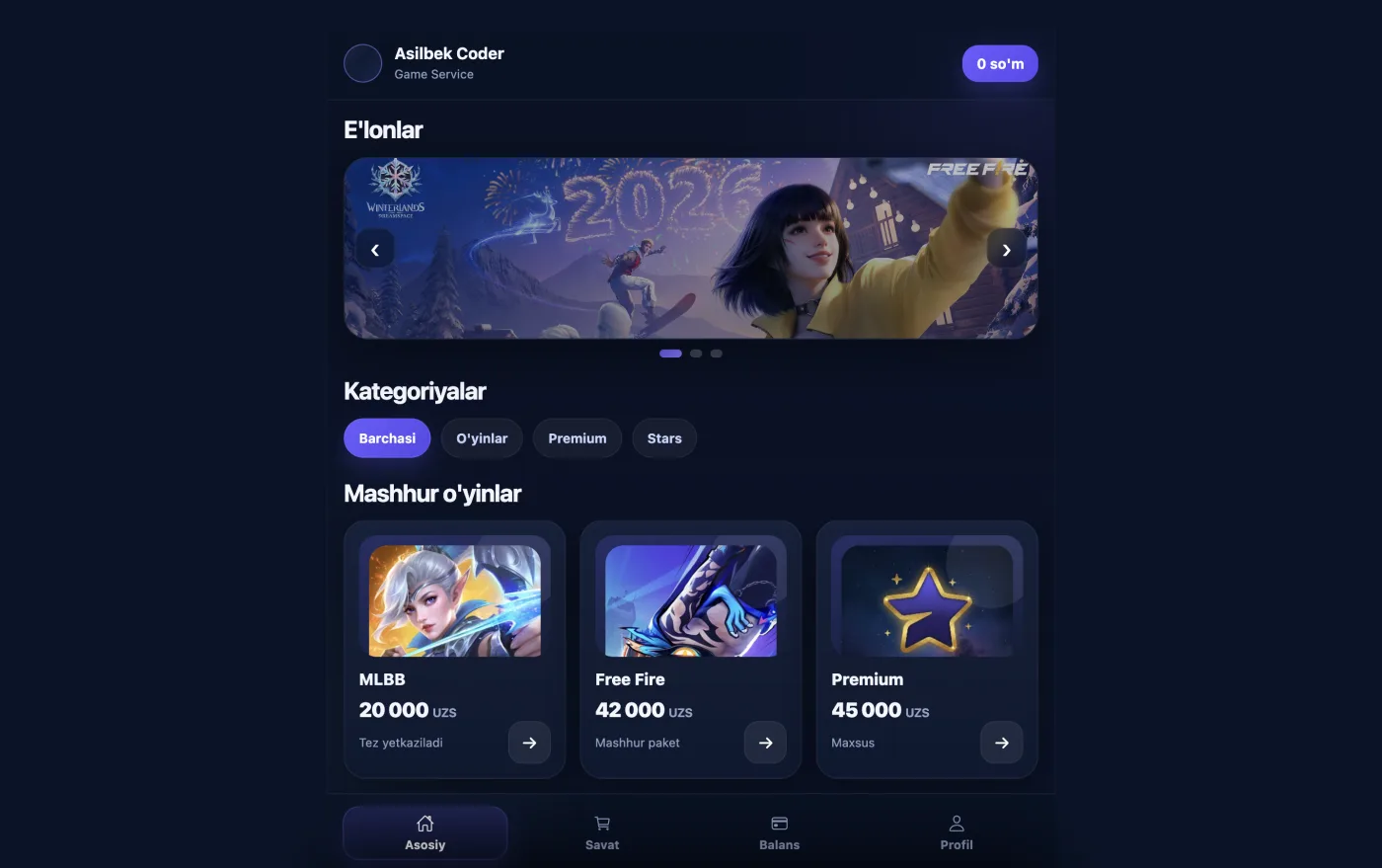Gaming tranzaksiyalar web-ilovasi
